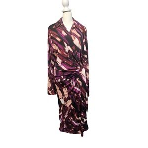 Clover and Sloane Womens XL Purple Abstract Brushstroke Ruched Faux Wrap Dress